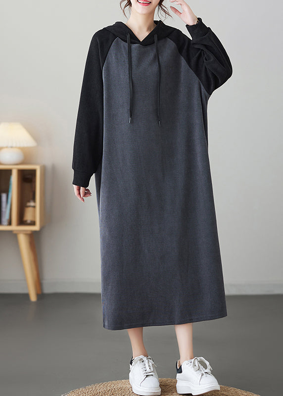 Grey Patchwork Loose Long Hooded Sweatshirt Dresses Winter