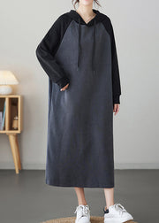 Grey Patchwork Loose Long Hooded Sweatshirt Dresses Winter