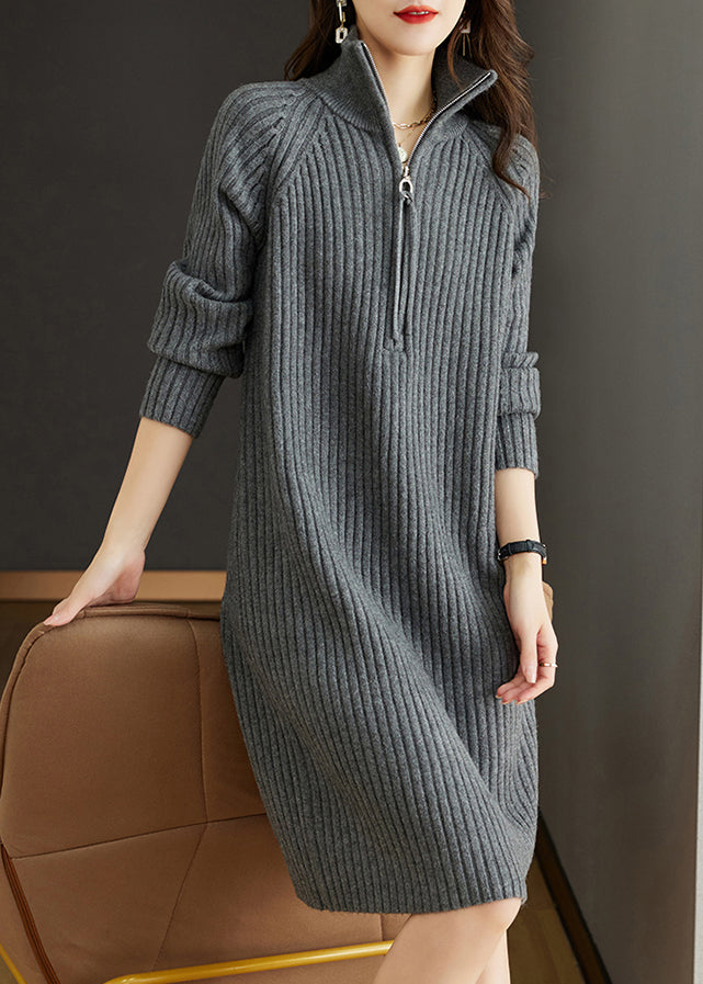 Grey Patchwork Loose Woolen Knit Dresses Turtleneck Long Sleeve