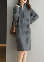 Grey Patchwork Loose Woolen Knit Dresses Turtleneck Long Sleeve