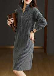 Grey Patchwork Loose Woolen Knit Dresses Turtleneck Long Sleeve