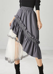 Grey Patchwork Ruffled Cotton Skirt Asymmetrical Spring