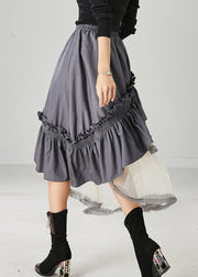 Grey Patchwork Ruffled Cotton Skirt Asymmetrical Spring