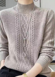 Grey Patchwork Thick Cashmere Sweaters Stand Collar Fall