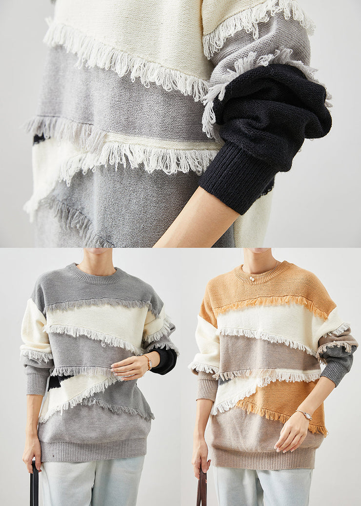 Grey Patchwork Thick Knit Short Sweater Tasseled Winter