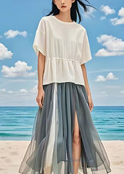 Grey Patchwork Tulle Beach Skirt Side Open Summer
