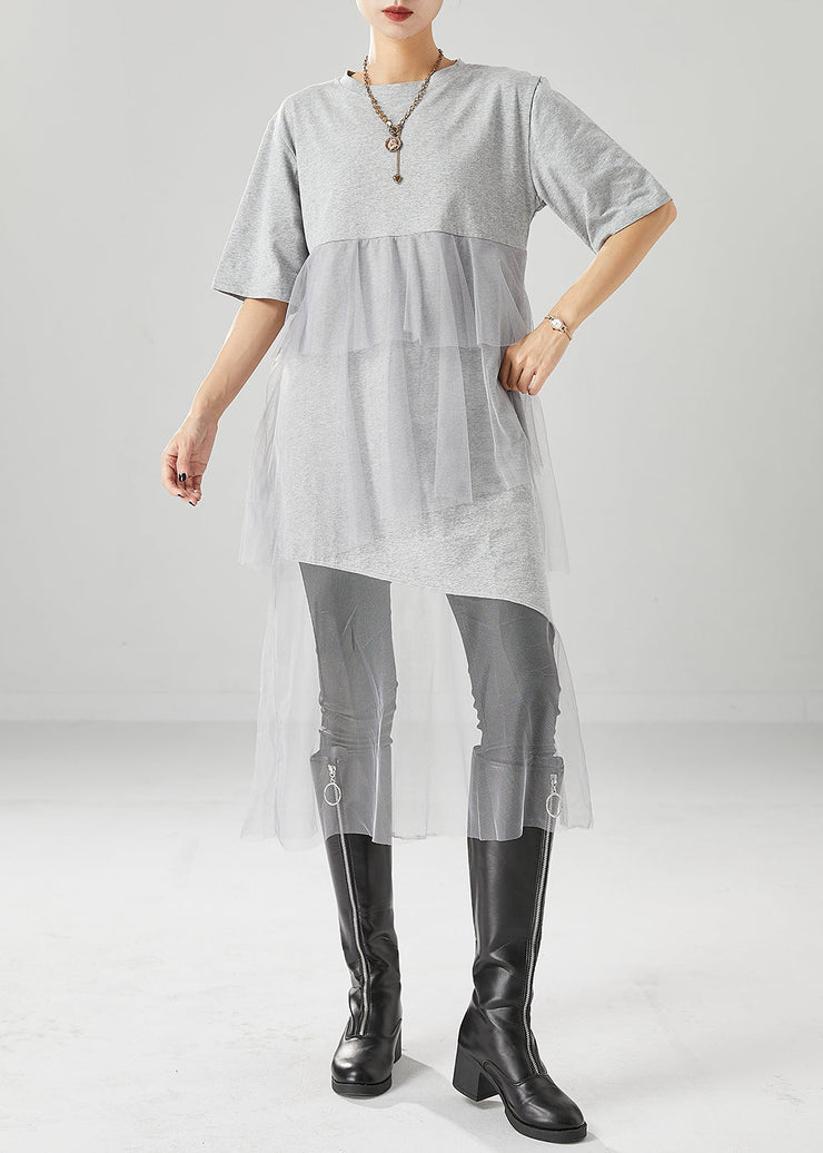 Grey Patchwork Tulle Cotton Dress Asymmetrical Ruffles Summer