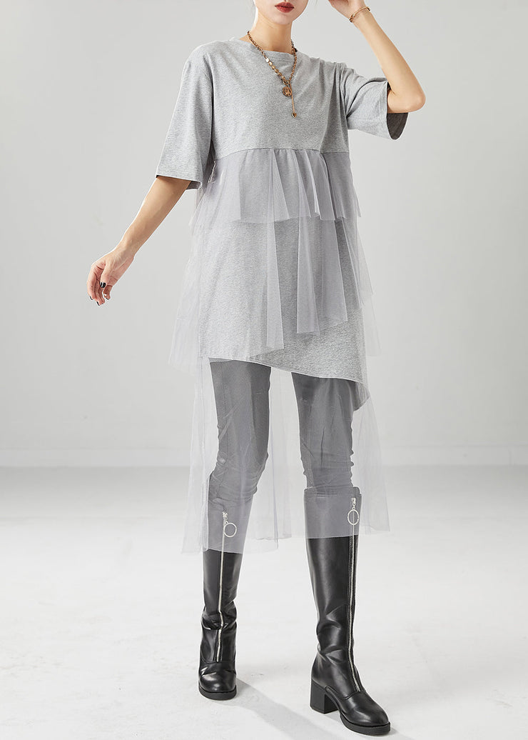 Grey Patchwork Tulle Cotton Dress Asymmetrical Ruffles Summer