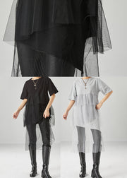 Grey Patchwork Tulle Cotton Dress Asymmetrical Ruffles Summer