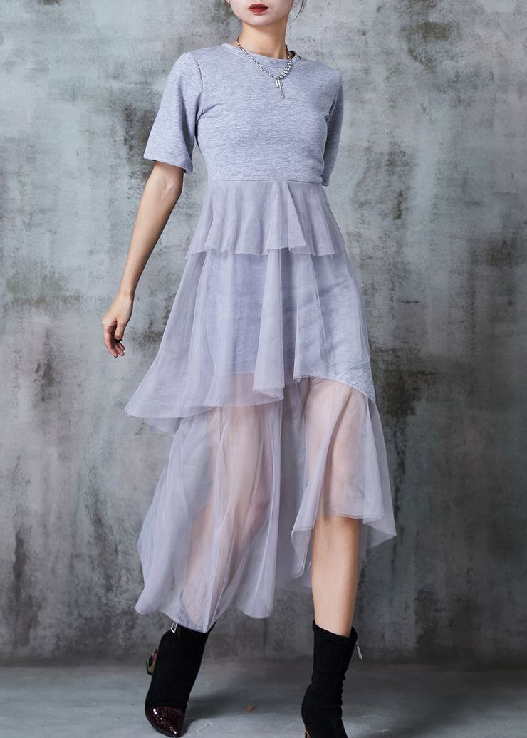 Grey Patchwork Tulle Holiday Dress Silm Fit Summer