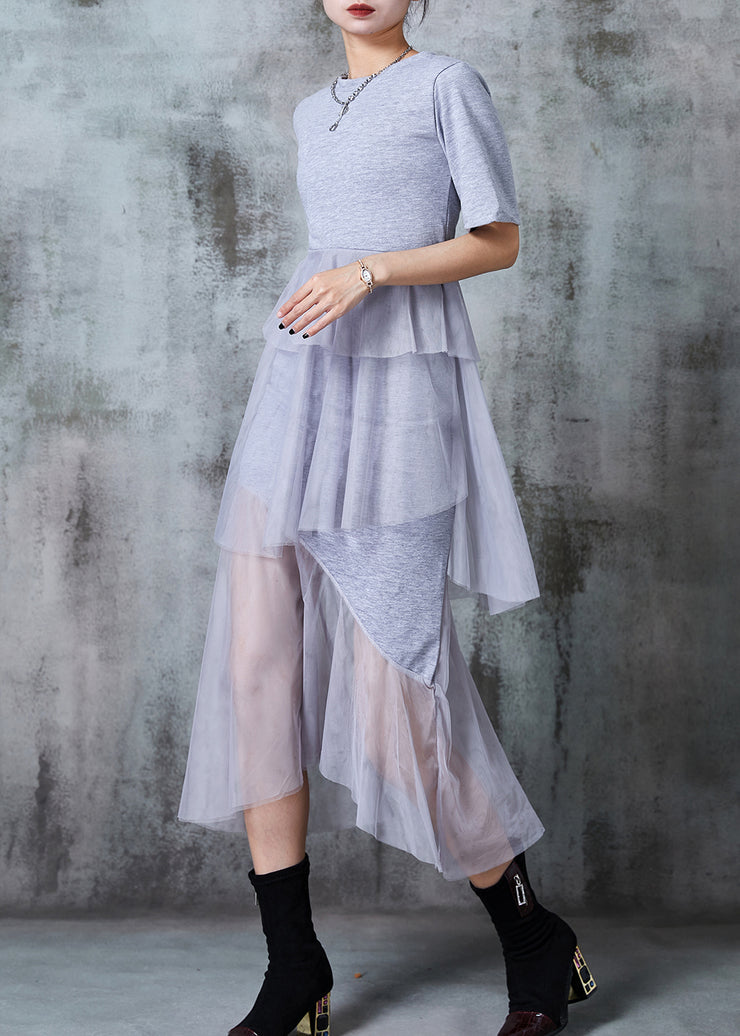 Grey Patchwork Tulle Holiday Dress Silm Fit Summer