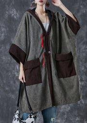 Grey Patchwork Warm Fleece Corduroy Trench Hooded Pockets Spring