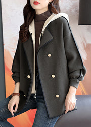 Grey Patchwork Woolen Hooded Coat False Two Pieces Winter