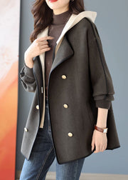 Grey Patchwork Woolen Hooded Coat False Two Pieces Winter