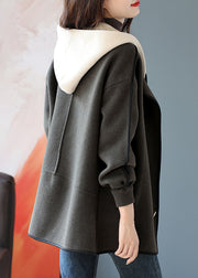 Grey Patchwork Woolen Hooded Coat False Two Pieces Winter