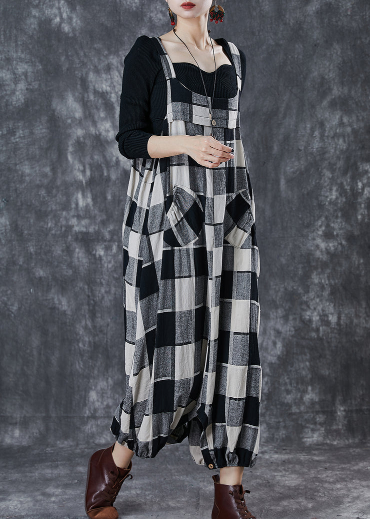 Grey Plaid Cotton Harem Pants Jumpsuits Oversized Spring