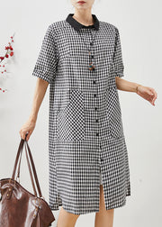 Grey Plaid Linen Shirt Dress Oversized Summer