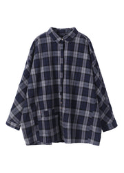 Grey Plaid Peter Pan Button Collar Pockets Cotton Shirt Long Sleeve