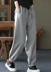 Grey Pockets Cinched Warm Fleece Pants Elastic Waist Spring