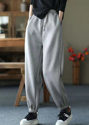 Grey Pockets Cinched Warm Fleece Pants Elastic Waist Spring