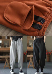 Grey Pockets Cinched Warm Fleece Pants Elastic Waist Spring