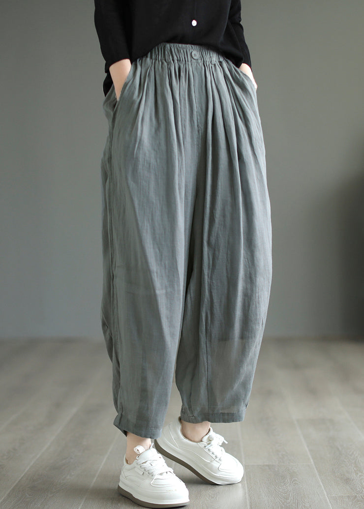Grey Pockets Elastic Waist Loose Linen Pants Summer