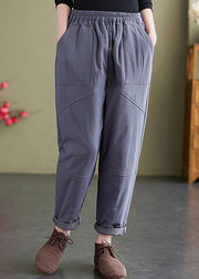 Grey Pockets Loose Fine Cotton Filled Pants Elastic Waist Winter