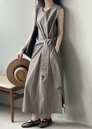 Grey Pockets Original Design Cotton Long Dress V Neck Sleeveless