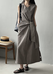 Grey Pockets Original Design Cotton Long Dress V Neck Sleeveless