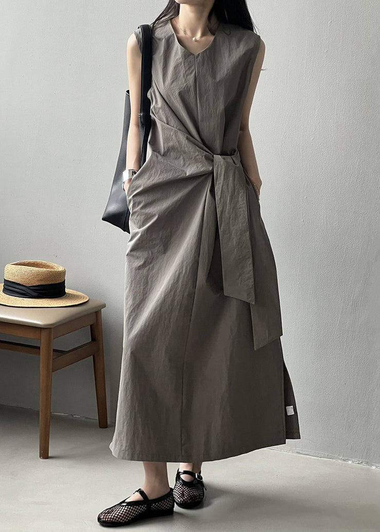 Grey Pockets Original Design Cotton Long Dress V Neck Sleeveless