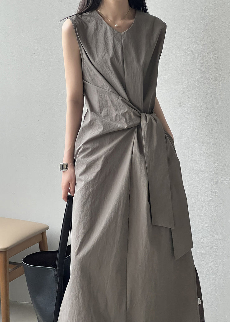 Grey Pockets Original Design Cotton Long Dress V Neck Sleeveless