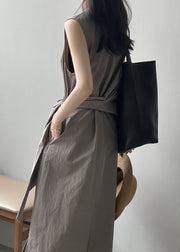 Grey Pockets Original Design Cotton Long Dress V Neck Sleeveless