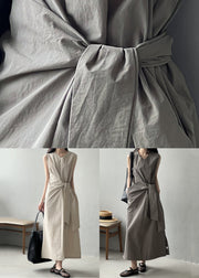 Grey Pockets Original Design Cotton Long Dress V Neck Sleeveless