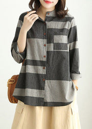 Grey Pockets Patchwork Cotton Shirt Stand Collar Spring