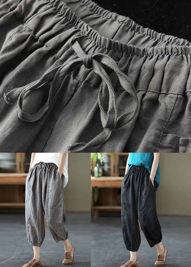 Grey Pockets Patchwork Linen Harem Pants Elastic Waist Summer