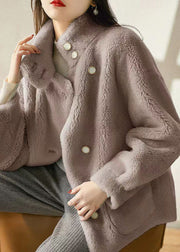 Grey Pockets Patchwork Woolen Jacket Stand Collar Button Winter