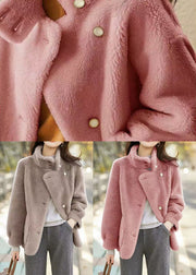 Grey Pockets Patchwork Woolen Jacket Stand Collar Button Winter