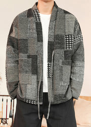 Grey Pockets Patchwork Woolen Men Coat V Neck Winter