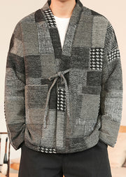 Grey Pockets Patchwork Woolen Men Coat V Neck Winter