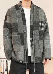 Grey Pockets Patchwork Woolen Men Coat V Neck Winter