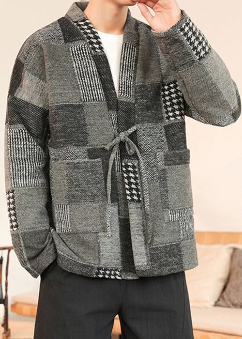 Grey Pockets Patchwork Woolen Men Coat V Neck Winter