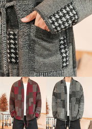 Grey Pockets Patchwork Woolen Men Coat V Neck Winter