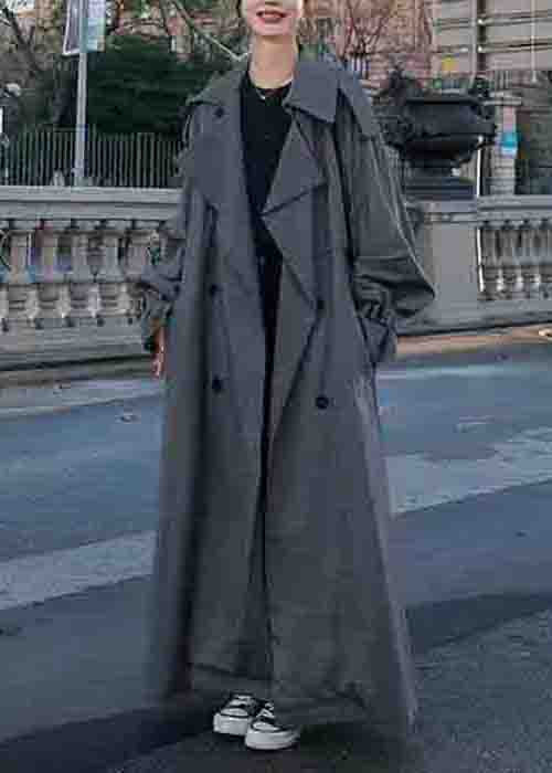 Grey Pockets Side Open Patchwork Cotton Long Trench Coats Peter Pan CollarLong Sleeve