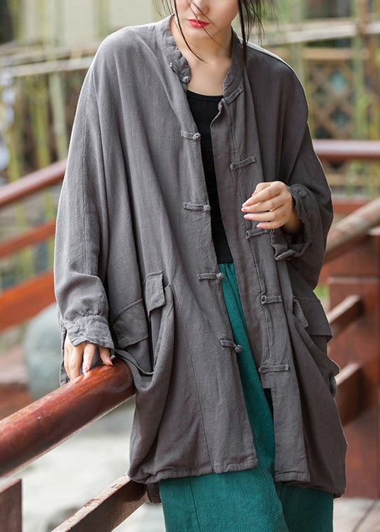 Grey Pockets Solid Linen Coats Stand Collar Fall