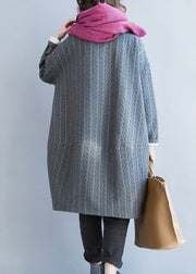 Grey Pockets Thick Cotton Dress O Neck Long Sleeve