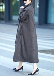 Grey Pockets Tie Waist Cotton Trench Coat Stand Collar Winter