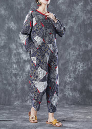 Grey Print Cotton Two Pieces Set Chinese Button Fall