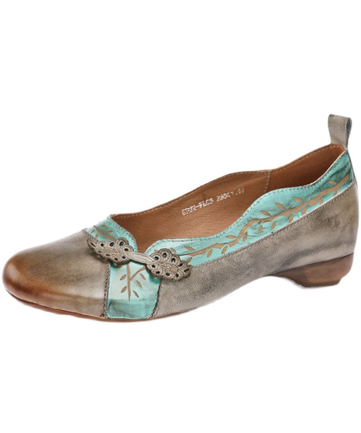 Grey Print Cowhide Leather Flat Shoes For Women Splicing Flats