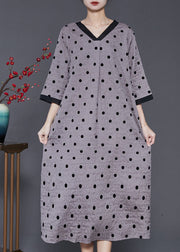 Grey Print Linen Holiday Dress Oversized Summer