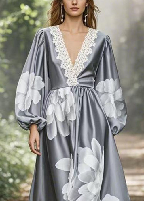 Grey Print Oversized Silk Maxi Dress V Neck Spring